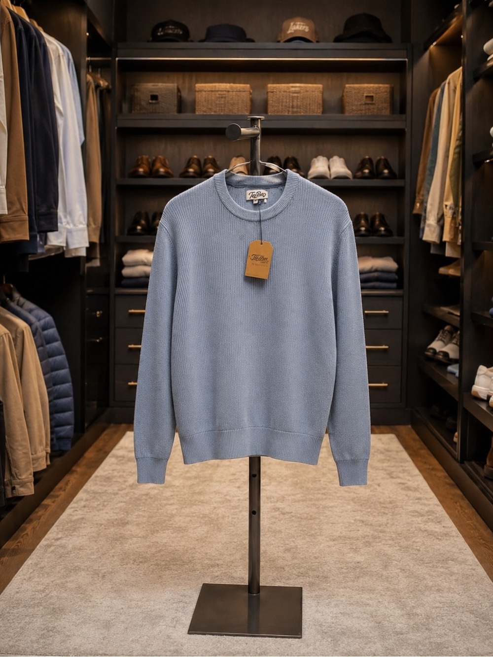 The Tie Bar Wabash Linen Washed Blue Crewneck Sweater